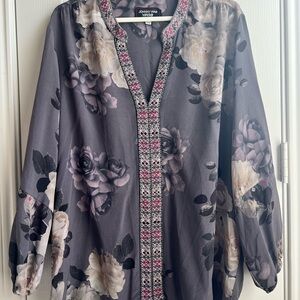 Johnny Was Gray Floral Silk Blouse